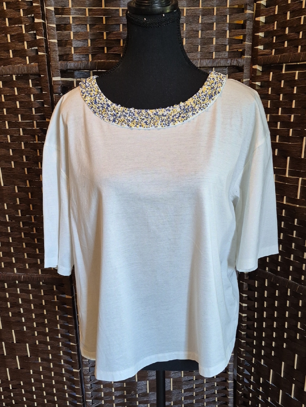MaxMara Weekend White Short Sleeve Tee with Beaded Blue and Yellow Collar